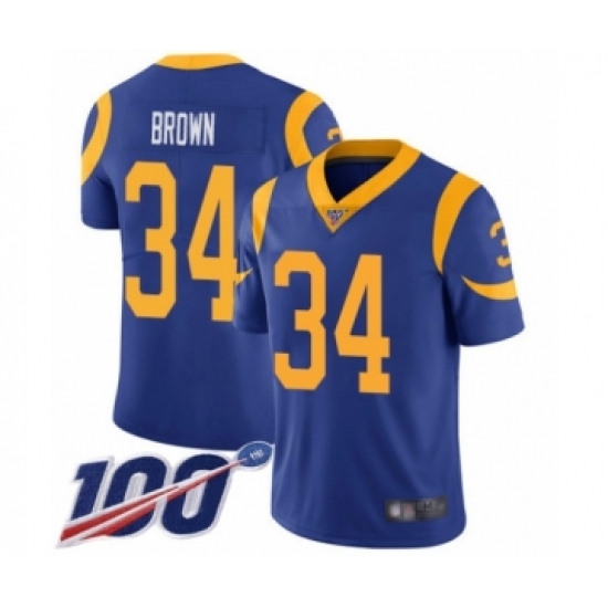 Men's Los Angeles Rams 34 Malcolm Brown Royal Blue Alternate Vapor Untouchable Limited Player 100th Season Football Jersey