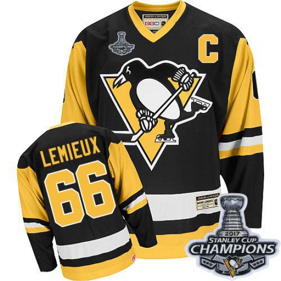 Youth CCM Pittsburgh Penguins 66 Mario Lemieux Authentic Black Throwback 2017 Stanley Cup Champions NHL Jersey