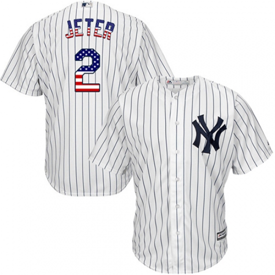 Men's Majestic New York Yankees 2 Derek Jeter Authentic White USA Flag Fashion MLB Jersey