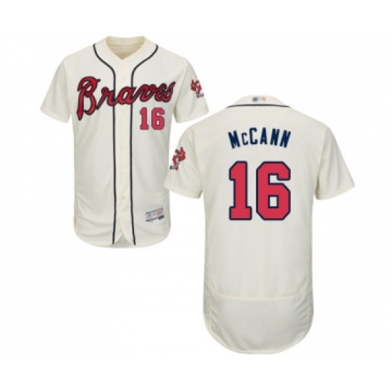 Men's Atlanta Braves 16 Brian McCann Cream Alternate Flex Base Authentic Collection Baseball Jersey
