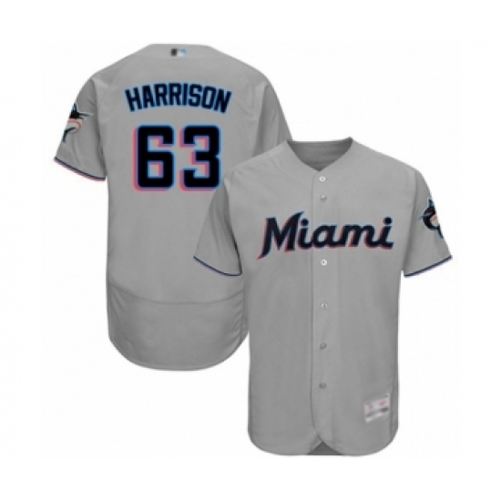 Men's Miami Marlins 63 Monte Harrison Grey Road Flex Base Authentic Collection Baseball Player Jersey