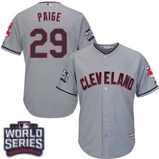 Youth Majestic Cleveland Indians 29 Satchel Paige Authentic Grey Road 2016 World Series Bound Cool Base MLB Jersey