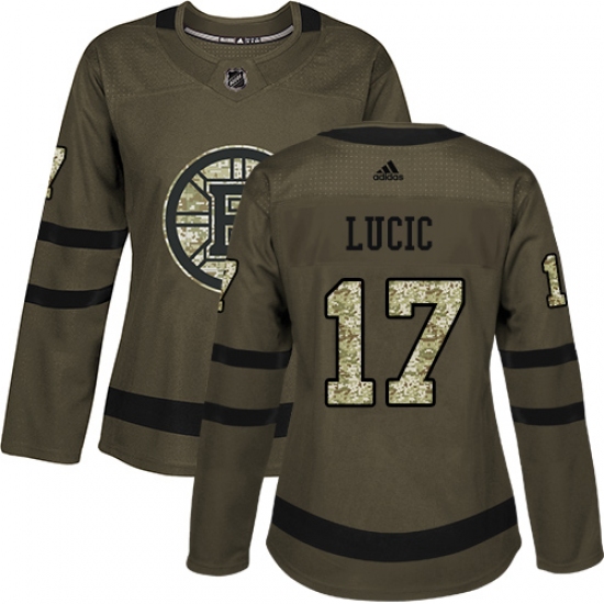 Women's Adidas Boston Bruins 17 Milan Lucic Authentic Green Salute to Service NHL Jersey