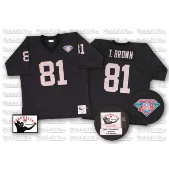 Mitchell and Ness Oakland Raiders 81 Tim Brown Black Team Color with 75TH Patch Authentic NFL Throwback Jersey