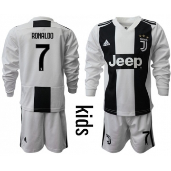 Juventus 7 Ronaldo Home Long Sleeves Kid Soccer Club Jersey