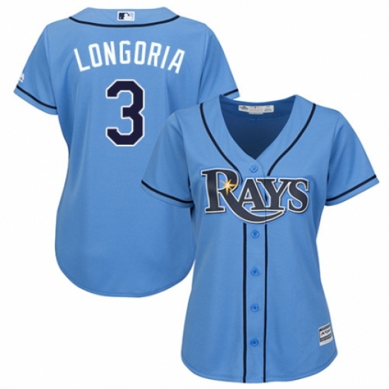 Women's Majestic Tampa Bay Rays 3 Evan Longoria Replica Light Blue Alternate 2 Cool Base MLB Jersey