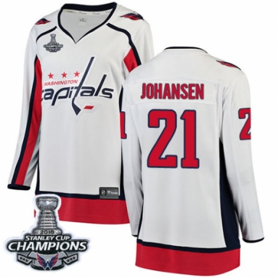Women's Washington Capitals 21 Lucas Johansen Fanatics Branded White Away Breakaway 2018 Stanley Cup Final Champions NHL Jersey