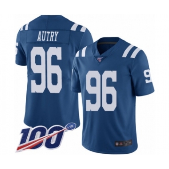 Men's Indianapolis Colts 96 Denico Autry Limited Royal Blue Rush Vapor Untouchable 100th Season Football Jersey