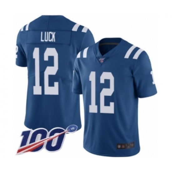 Men's Nike Indianapolis Colts 12 Andrew Luck Royal Blue Team Color Vapor Untouchable Limited Player 100th Season NFL Jersey