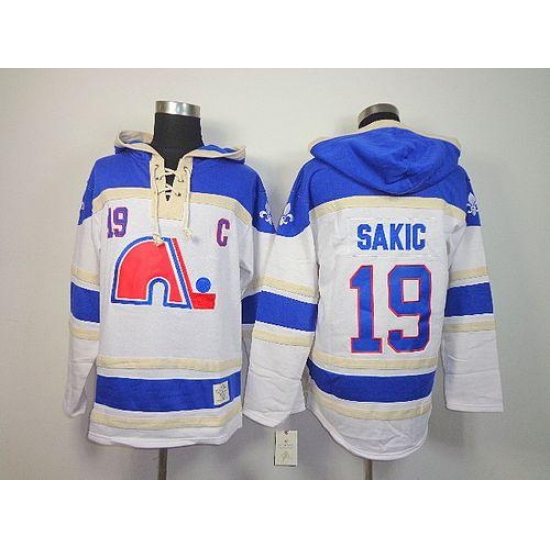 Nordiques 19 Joe Sakic White Sawyer Hooded Sweatshirt Stitched NHL Jersey