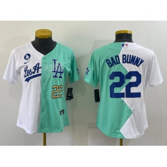Youth Los Angeles Dodgers 22 Bad Bunny White Green Two Tone 2022 Celebrity Softball Game Cool Base Jersey