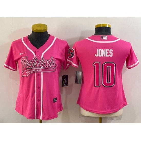 Women's New England Patriots 10 Mac Jones Pink With Patch Cool Base Stitched Baseball Jersey