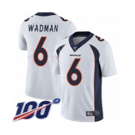 Men's Denver Broncos 6 Colby Wadman White Vapor Untouchable Limited Player 100th Season Football Jersey