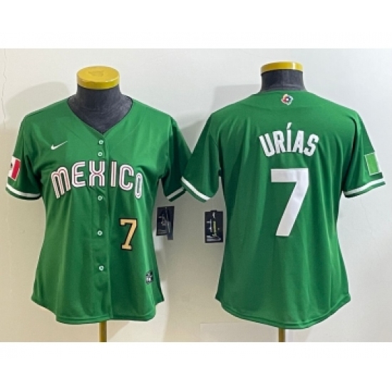 Women's Mexico Baseball 7 Julio Urias Number 2023 Green World Classic Stitched Jersey
