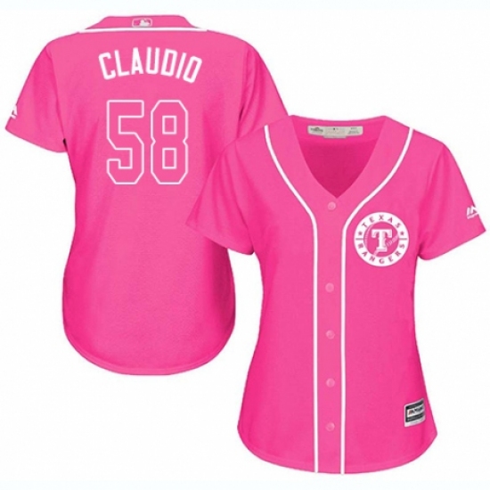 Women's Majestic Texas Rangers 58 Alex Claudio Replica Pink Fashion Cool Base MLB Jersey