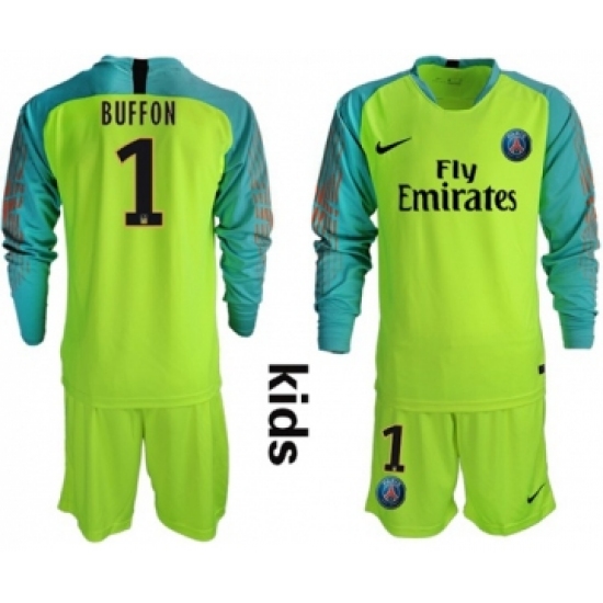 Paris Saint Germain 1 Buffon Shiny Green Goalkeeper Long Sleeves Kid Soccer Club Jersey