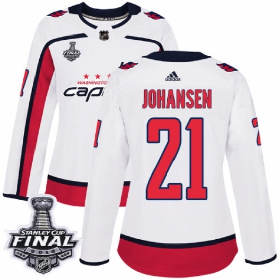 Women's Adidas Washington Capitals 21 Lucas Johansen Authentic White Away 2018 Stanley Cup Final NHL Jersey