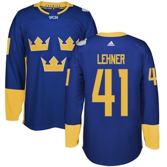Men's Adidas Team Sweden 41 Robin Lehner Premier Royal Blue Away 2016 World Cup of Hockey Jersey