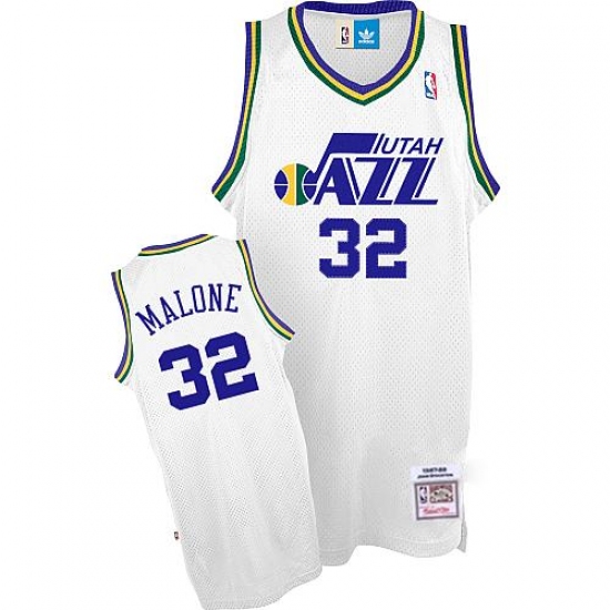Men's Adidas Utah Jazz 32 Karl Malone Authentic White Throwback NBA Jersey