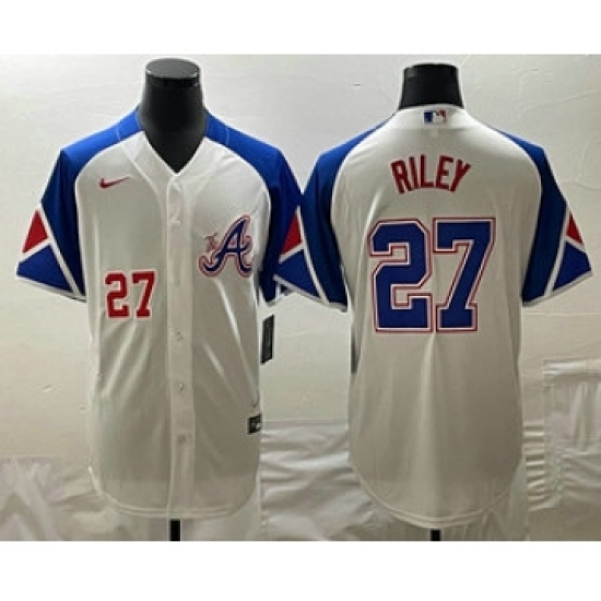 Mens Atlanta Braves 27 Austin Riley Number White 2023 City Connect Cool Base Stitched Jersey