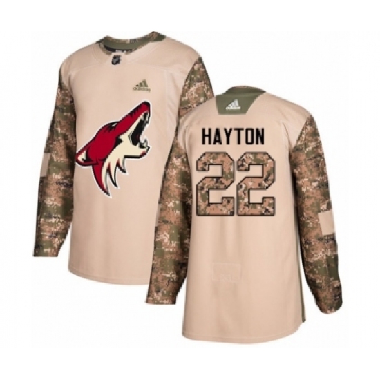 Men's Adidas Arizona Coyotes 22 Barrett Hayton Authentic Camo Veterans Day Practice NHL Jersey