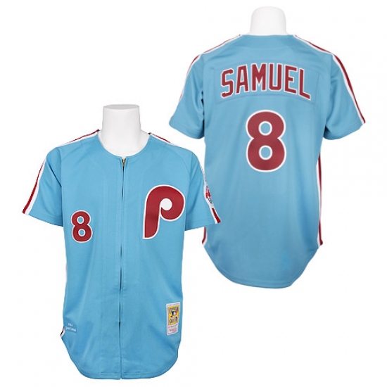 Men's Mitchell and Ness Philadelphia Phillies 8 Juan Samuel Replica Blue 1984 Throwback MLB Jersey