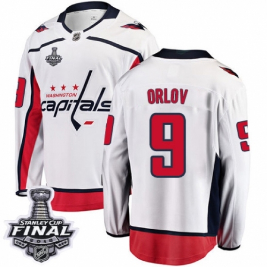 Men's Washington Capitals 9 Dmitry Orlov Fanatics Branded White Away Breakaway 2018 Stanley Cup Final NHL Jersey