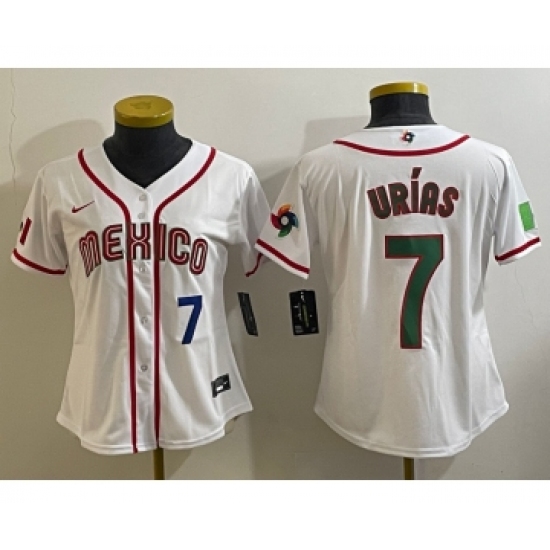 Women's Mexico Baseball 7 Julio Urias Number 2023 White World Classic Stitched Jersey
