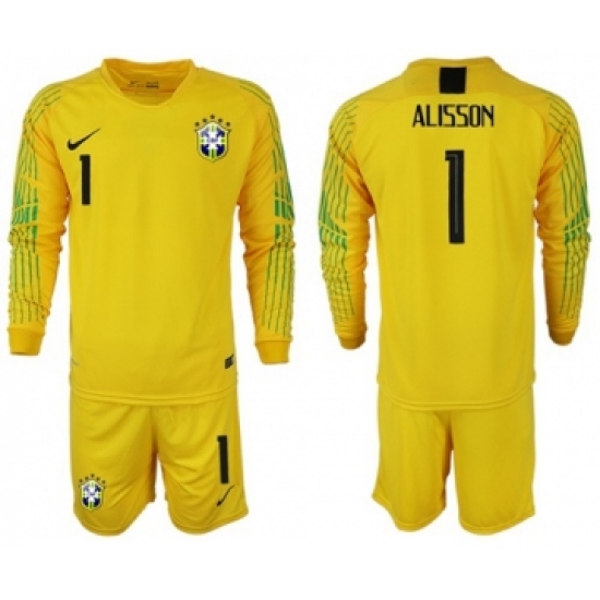 Brazil 1 Alisson Yellow Goalkeeper Long Sleeves Soccer Country Jersey