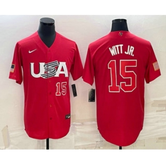 Men's USA Baseball 15 Bobby Witt Jr Number 2023 Red World Baseball Classic Stitched Jersey1