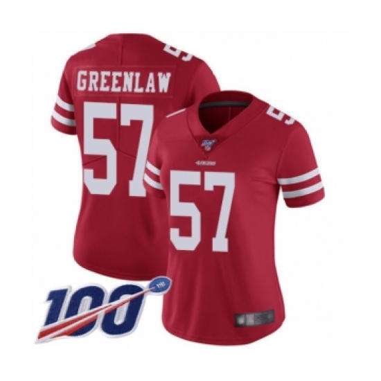 Women's San Francisco 49ers 57 Dre Greenlaw Red Team Color Vapor Untouchable Limited Player 100th Season Football Jersey