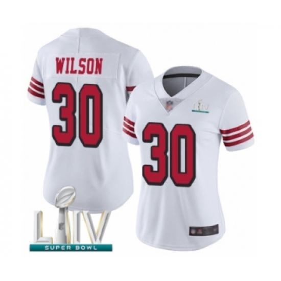 Women's San Francisco 49ers 30 Jeff Wilson Limited White Rush Vapor Untouchable Super Bowl LIV Bound Football Jersey