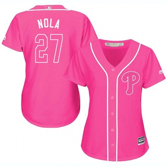 Women's Majestic Philadelphia Phillies 27 Aaron Nola Replica Pink Fashion Cool Base MLB Jersey