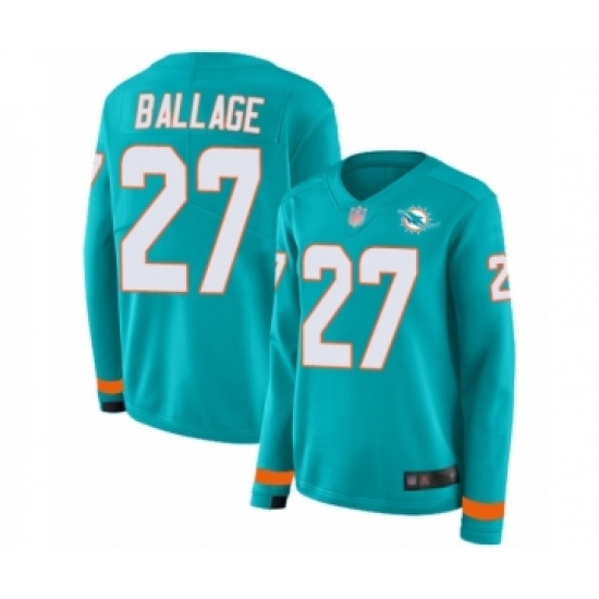 Women's Miami Dolphins 27 Kalen Ballage Limited Aqua Therma Long Sleeve Football Jersey