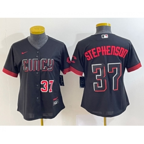 Women's Cincinnati Reds 37 Tyler Stephenson Number Black 2023 City Connect Cool Base Stitched Jersey