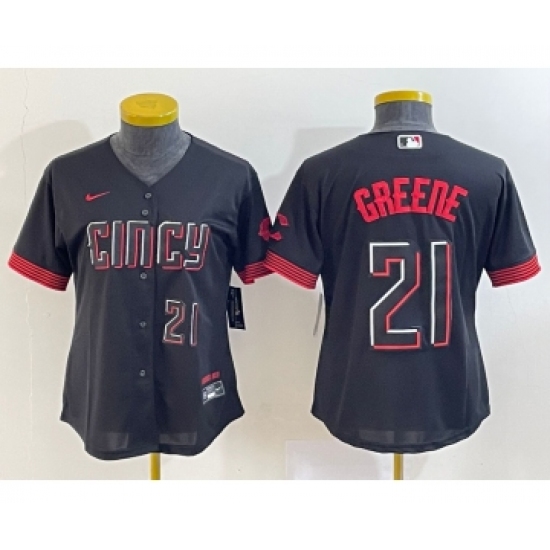 Women's Cincinnati Reds 21 Hunter Greene Number Black 2023 City Connect Cool Base Stitched Jersey1