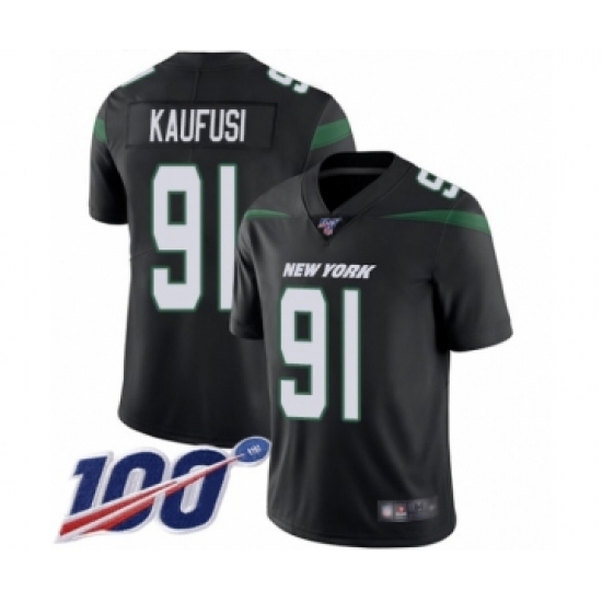 Men's New York Jets 91 Bronson Kaufusi Black Alternate Vapor Untouchable Limited Player 100th Season Football Jersey