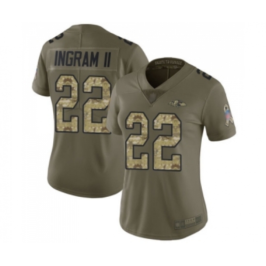 Women's Baltimore Ravens 22 Mark Ingram II Limited Olive Camo Salute to Service Football Jersey
