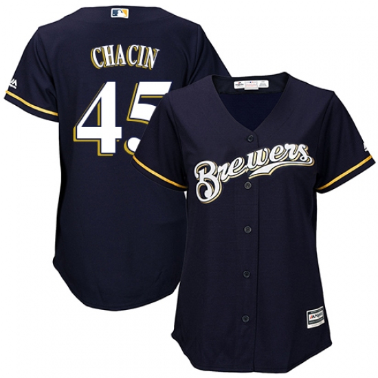 Women's Majestic Milwaukee Brewers 45 Jhoulys Chacin Authentic Navy Blue Alternate Cool Base MLB Jersey