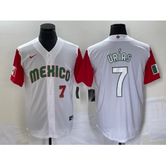 Men's Mexico Baseball 7 Julio Urias Number 2023 White Red World Classic Stitched Jersey 35
