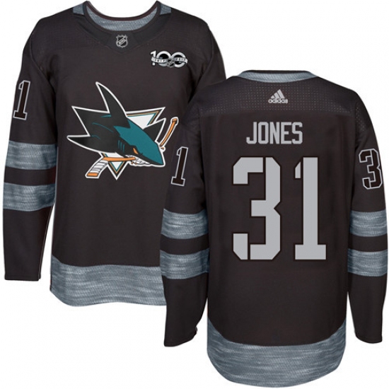 Men's Adidas San Jose Sharks 31 Martin Jones Authentic Black 1917-2017 100th Anniversary NHL Jersey