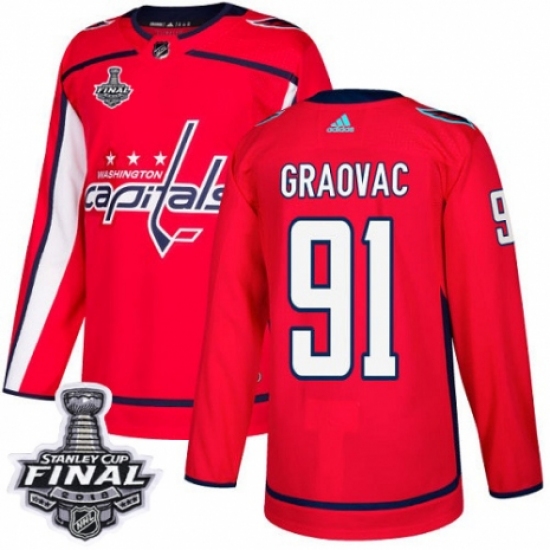 Men's Adidas Washington Capitals 91 Tyler Graovac Authentic Red Home 2018 Stanley Cup Final NHL Jersey
