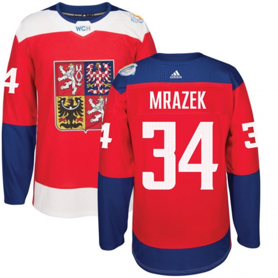 Men's Adidas Team Czech Republic 34 Petr Mrazek Authentic Red Away 2016 World Cup of Hockey Jersey