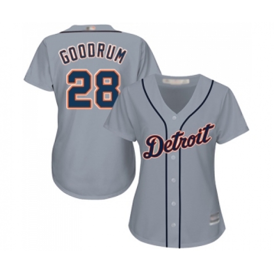 Women's Detroit Tigers 28 Niko Goodrum Replica Grey Road Cool Base Baseball Jersey