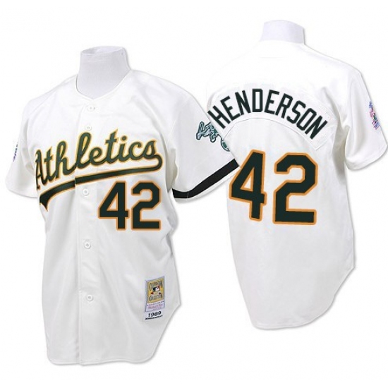 Men's Mitchell and Ness Oakland Athletics 42 Dave Henderson Authentic White Throwback MLB Jersey