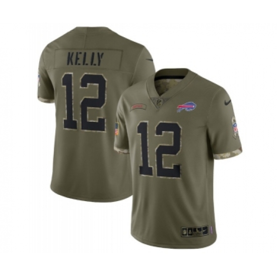 Men's Buffalo Bills 12 Jim Kelly 2022 Olive Salute To Service Limited Stitched Jersey