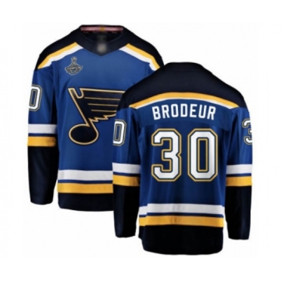 Youth St. Louis Blues 30 Martin Brodeur Fanatics Branded Royal Blue Home Breakaway 2019 Stanley Cup Champions Hockey Jersey