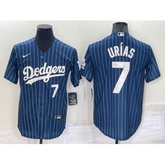 Men's Los Angeles Dodgers 7 Julio Urias Number Navy Blue Pinstripe Stitched MLB Cool Base Nike Jersey
