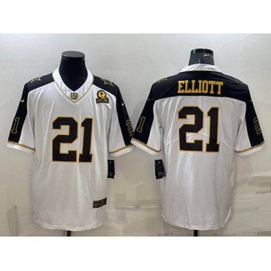 Men's Dallas Cowboys 21 Ezekiel Elliott White Gold Edition With 1960 Patch Limited Stitched Football Jersey