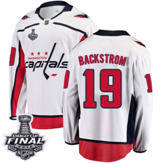 Youth Washington Capitals 19 Nicklas Backstrom Fanatics Branded White Away Breakaway 2018 Stanley Cup Final NHL Jersey